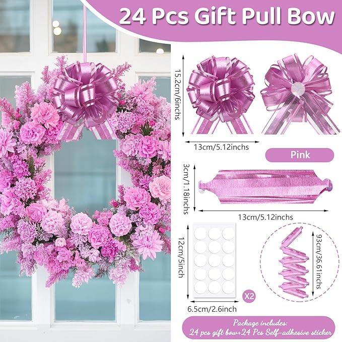 24pcs Pink Pull Bow for Gift Basket Wrapping Xmas Gift Bows Presents Adhesive Wrap Ribbon Bow for Christmas Tree Bottles Bouquet Flower Valentine's Day Party Decor (Pink-G)