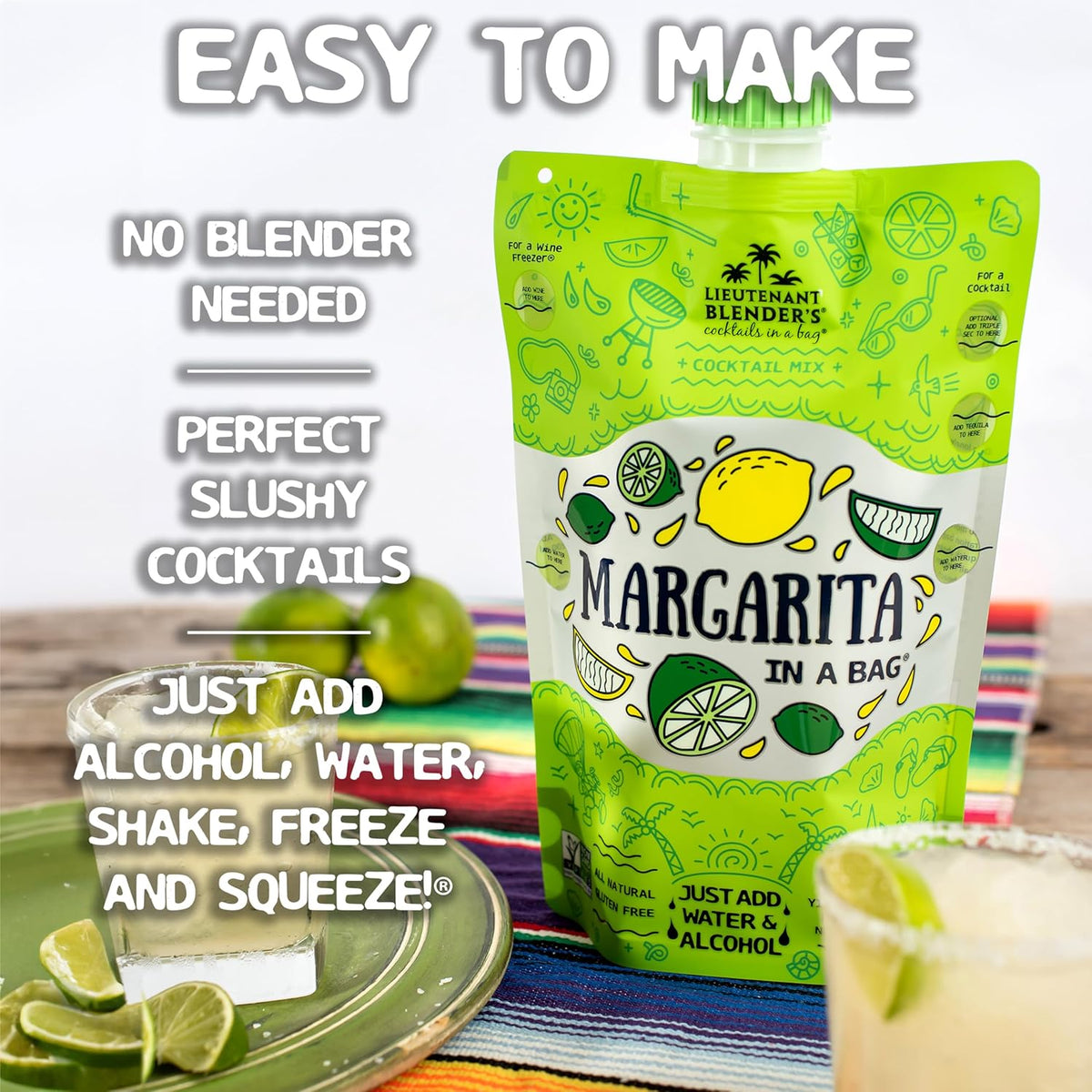 Lt. Blender's Margarita in a Bag - Margarita Mix - Each Bag Makes 1/2 Gallon of Frozen Margaritas – Non-GMO Cocktail Mix - No Blender Needed