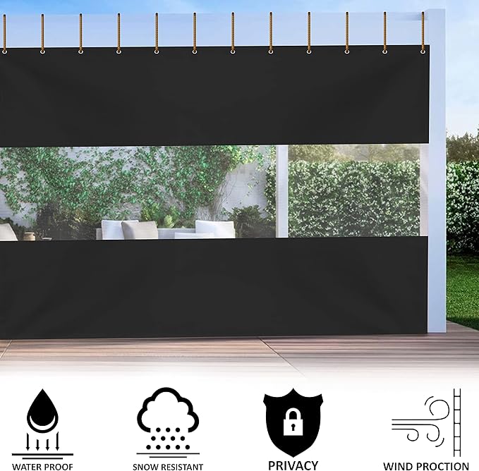 Covers & All Outdoor Clear Panel Curtain, 12 oz Vinyl Outdoor Curtains for Patio, Weather Resistant Waterproof Tarp with Brass Grommets for Pergola, Porch, Gazebos, Balcony (8'H x 8'W Feet, Black)