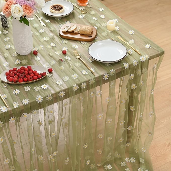 Horaldaily Sage Green Embroidery Daisy Spring Summer Gauze Tablecloth 60×120 Inch Rectangular, Seasonal Tulle Table Cover, Garden Party Decorations for Wedding, Party, Holiday Dining