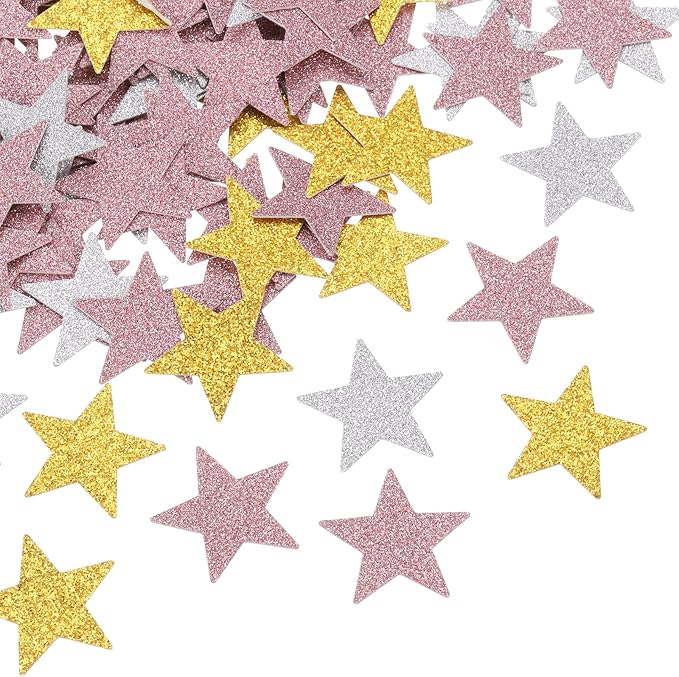 MECCANIXITY 200Pcs Star Confetti Glitter Confetti Table Confetti Decor for Party Wedding Festival Decorations,0.79x0.79Inch,Pink/Silvery/Gold