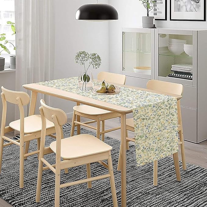Rustic Flower Table Runner, Spring Sage Green Eucalyptus Leaves Watercolor Floral Flower Plant Leaves Print Table Cover for Dinning Holiday Home Picnic Party Decor, 13x70inch