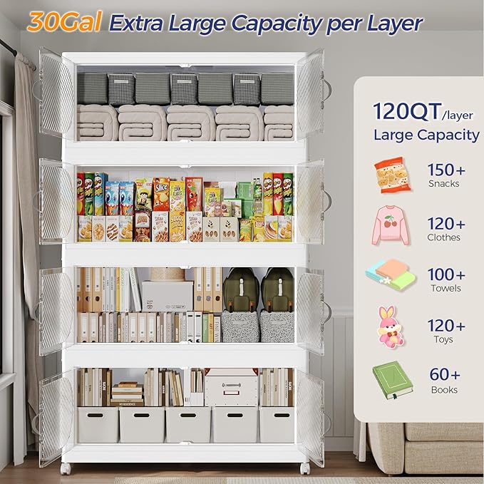 150Gal/600QT 5-Tiers Extra Large Stackable Storage Bins with Lid, Collapsible Cabinet Closet Organizer Plastic Container Box with Wheels Doors Drawers for Living Room Kitchen Office, White