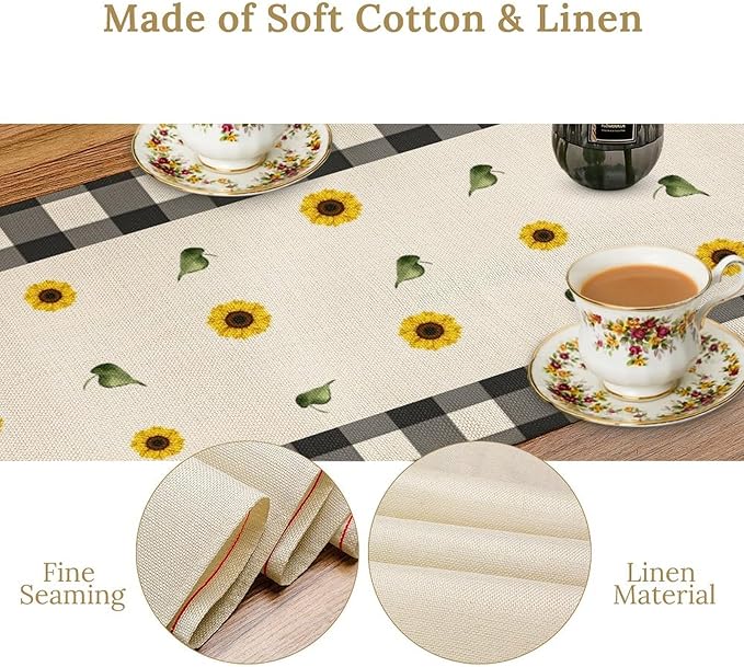 Morden Sunflower Table Runner,White Black Buffalo Plaid Watercolor Summer Flower Plants Leaves Print Table Runner for Kitchen Dining Table Holiday Home Party Decor 13x120in