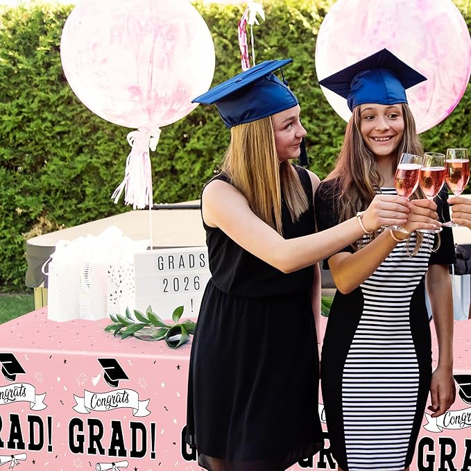 2 PCS Graduation Tablecloth, 108" X 54" Pink Graduation Decorations 2026, Disposable Plastic Tablecover for Class of 2026 Congrats Grad, Rectangle Table Cloths for Grad Decor Party Supplies for Kids