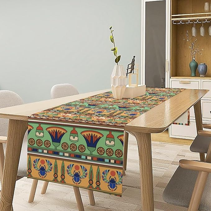 Egyptian Print Table Runner, Egyptian Ornament Scarab Flower Abstract Design Table Runner for Dining Kitchen Party Outdoor Holiday 13x36in