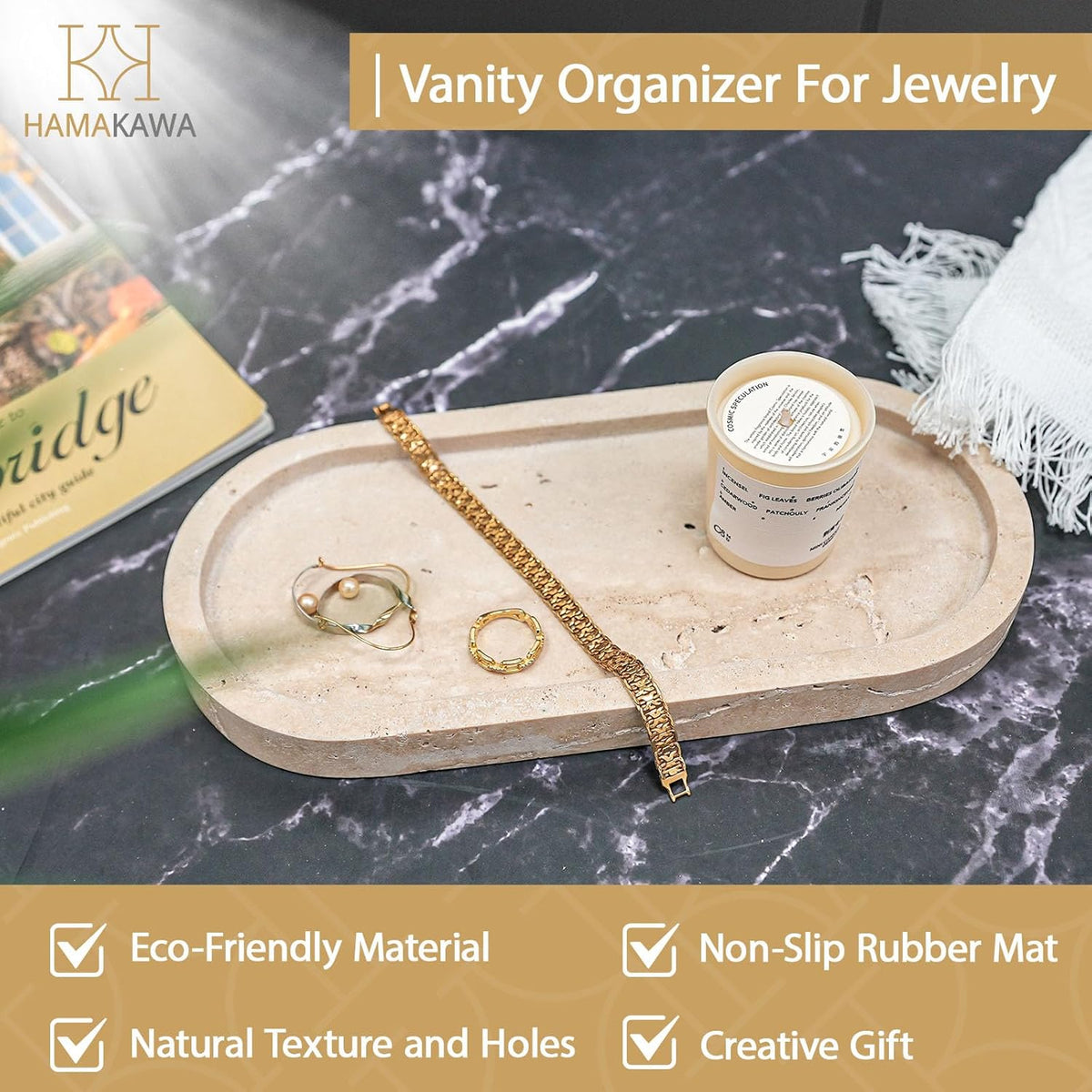 Bathroom Vanity Tray, Natural Marble Oval Sink Tray 10 Inch, Beige Travertine Vanity Tray for Soap Dispenser Modern Countertop Organizer for Kitchen
