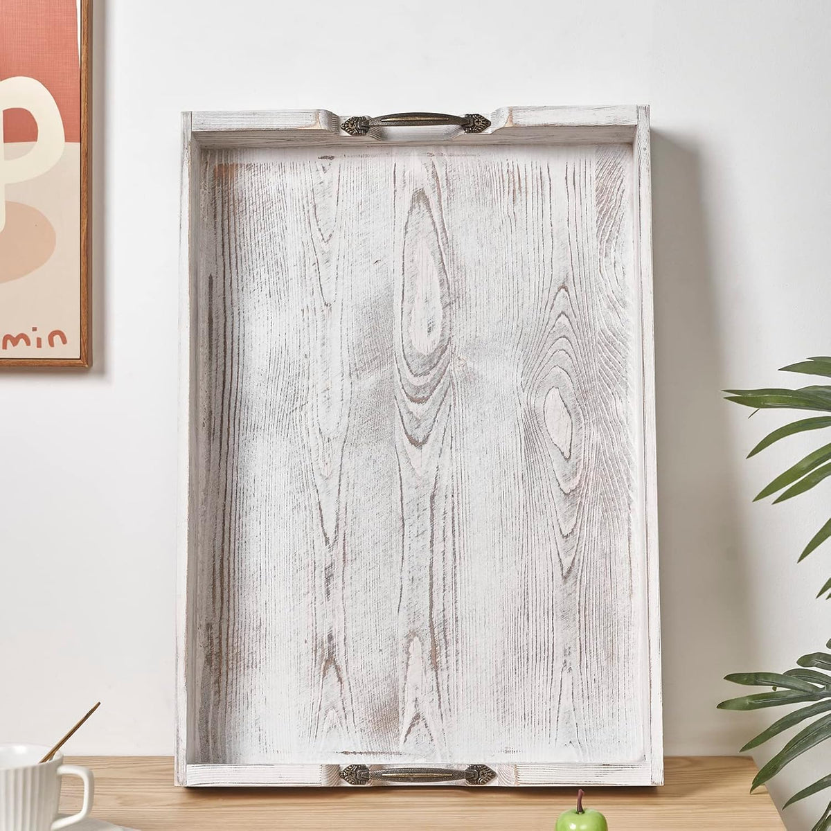 Large Wood Rectangular Serving Tray 20 x 14 Inch Rustic Wooden Ottoman Tray with Metal Handle and Wrapped Corners