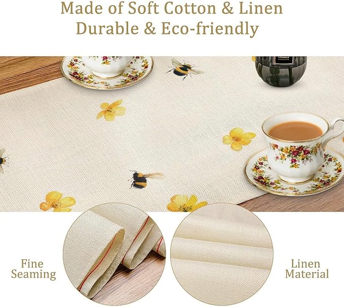 Yellow Wild Flowers Table Runner, Rustic Farmhouse Watercolor Daisy Floral Branches Bees Print Table Runner for Kitchen Dining Room Party Picnic Table Decor, 13x90inch