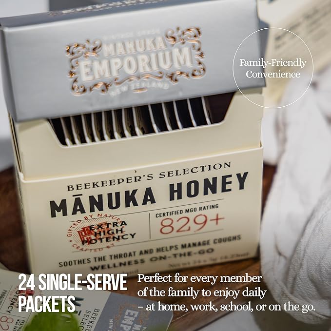 Manuka Emporium Raw Manuka Honey Packets MGO 829+, 24 x 0.18oz Extra-Potent Snaps, Certified Monofloral New Zealand Honey