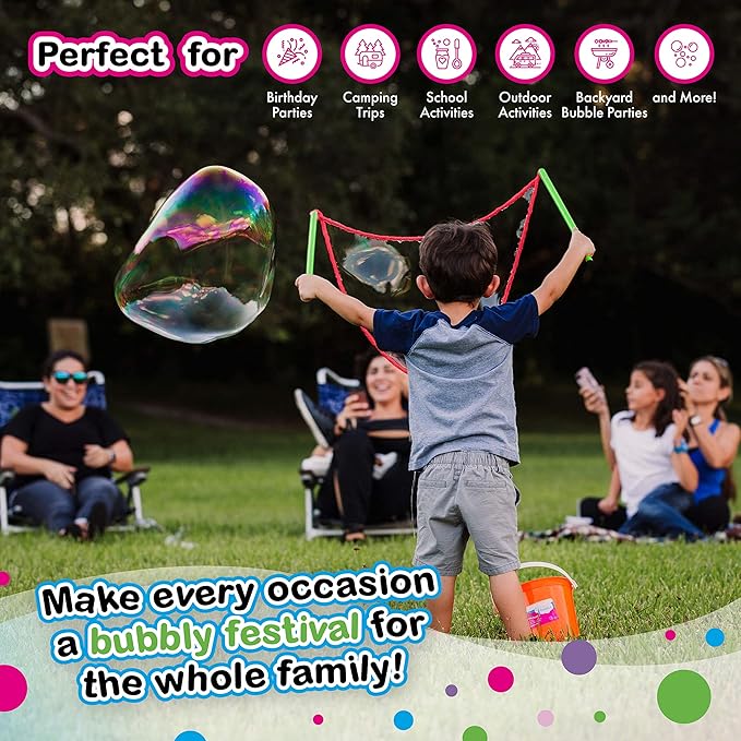 WOWMAZING Giant Bubble Kit – Family Pack (14-Piece Set) with Big Bubble Wand and Solution Concentrate (Makes 3 Gallons of Large Bubbles) | Best Value for Family Fun