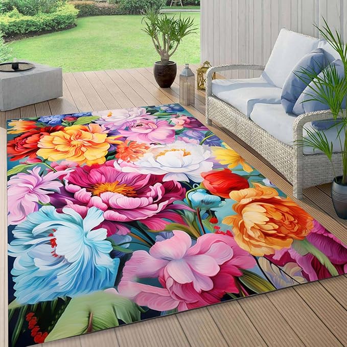 Floral Outdoor Rug Vibrant Waterproof Non Slip Patio Rugs for Balcony Garden Camping Poolside 2x6 Machine Washable Porch Deck Flower Print Outside Carpet Vintage Bathmat Orange Pink