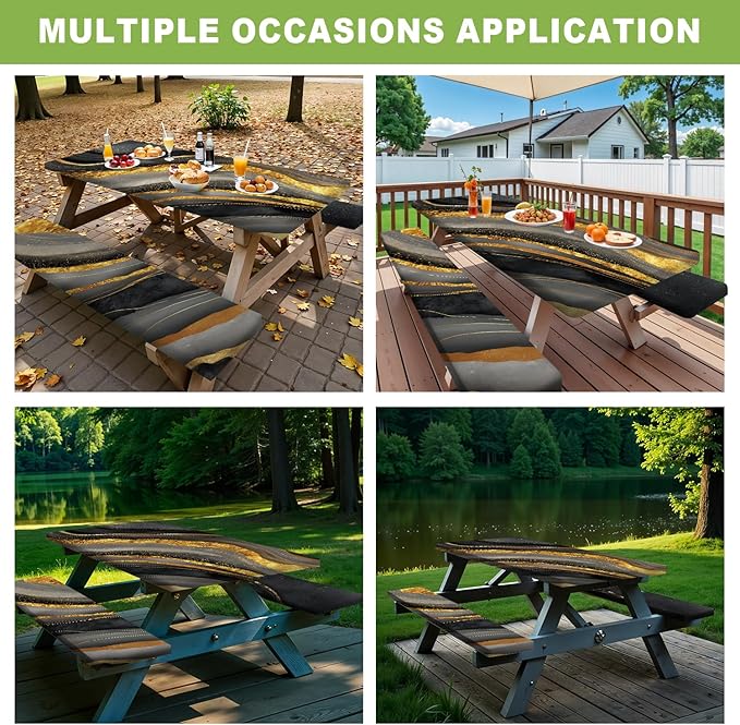 ANNA QUEEN 6FT Black Gold Picnic Table Cover with Bench Covers Picnic Table Cover Set 3PCS 72"x30", Waterproof Outdoor Bench and Tablecloth Furniture Protection for Camping Beach BBQ Patio Backyard