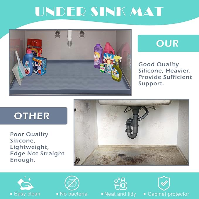 URMONA Waterproof Silicone Under Sink Mat 25'' x 22'' Shelf Liner for Kitchen and Bathroom, Cabinet and Counter Protector, Storage and Organizers, Litter Mat, Pet Cat Puppy Essentials(Khaki)