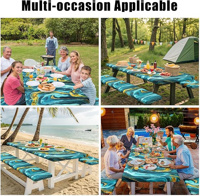 Smiry Picnic Table Cover with Bench Covers, Waterproof Elastic Fitted Tablecloth for 8 Foot Tables, Washable Polyester Tablecloths for Camping, Indoor & Outdoor (Teal & Gold, 30x96 Inch 3-pc Set)