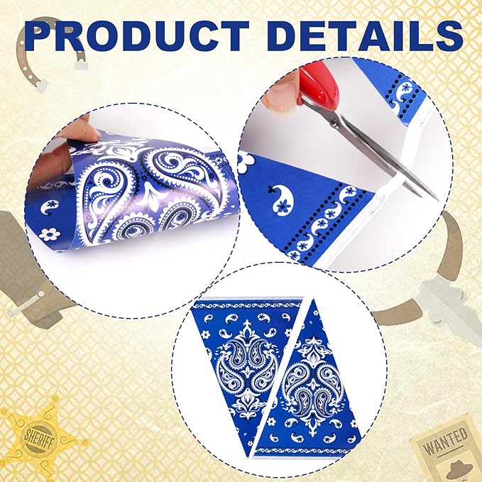 6 Pack Western Cowboy Party Decorations Blue Bandana Pennants Banner Wild West Decor Western Theme Bunting Flags for Birthday Baby Shower Country Party Supplies
