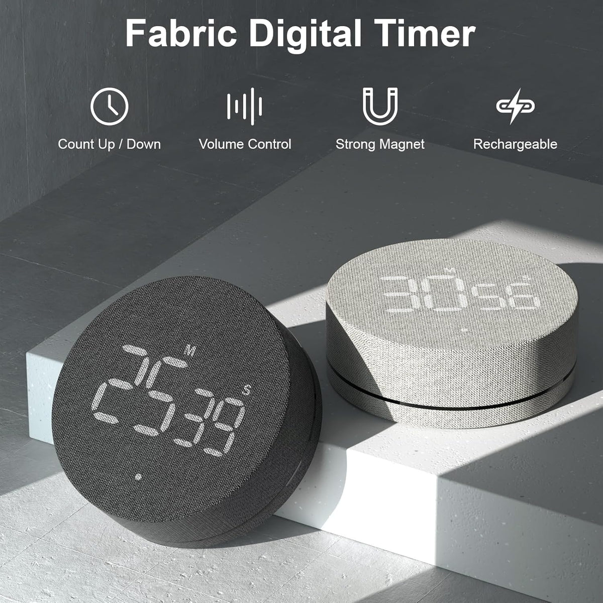 Avinia Fabric Digital Kitchen Timer, Rechargeable with Large LED Display 0-99Mins, Magnetic Countdown Timers for Home Classroom Office Fitness Grey