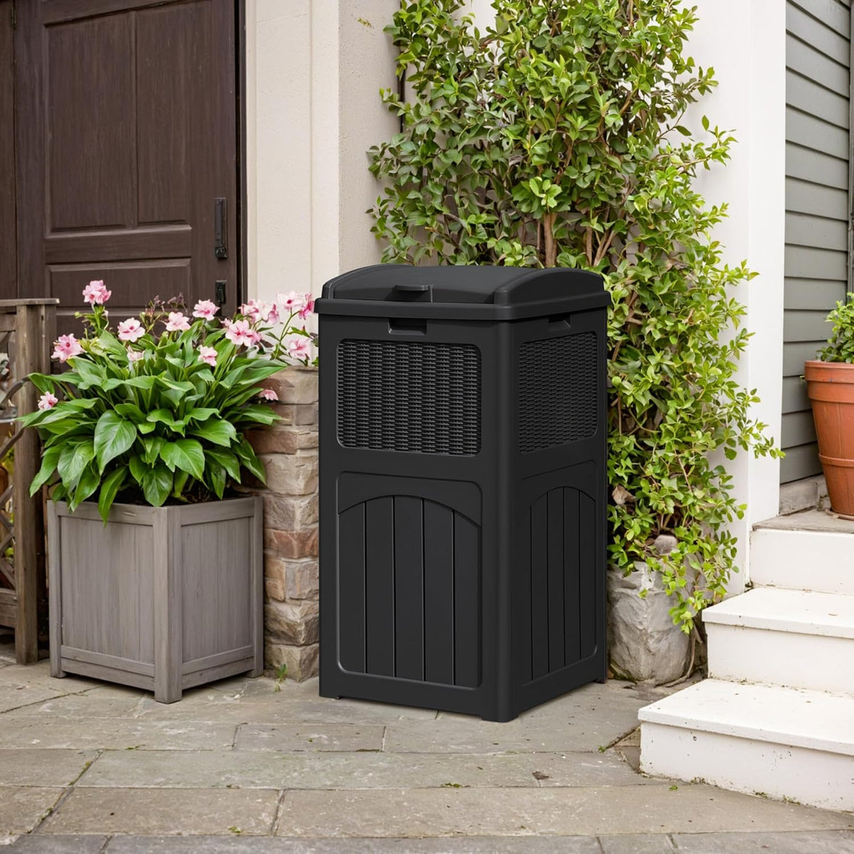 YESHOMY 4 Pack Outdoor Trash Can with Lid, Garbage Bins for Garden, Porch, Home and Kitchen, Black