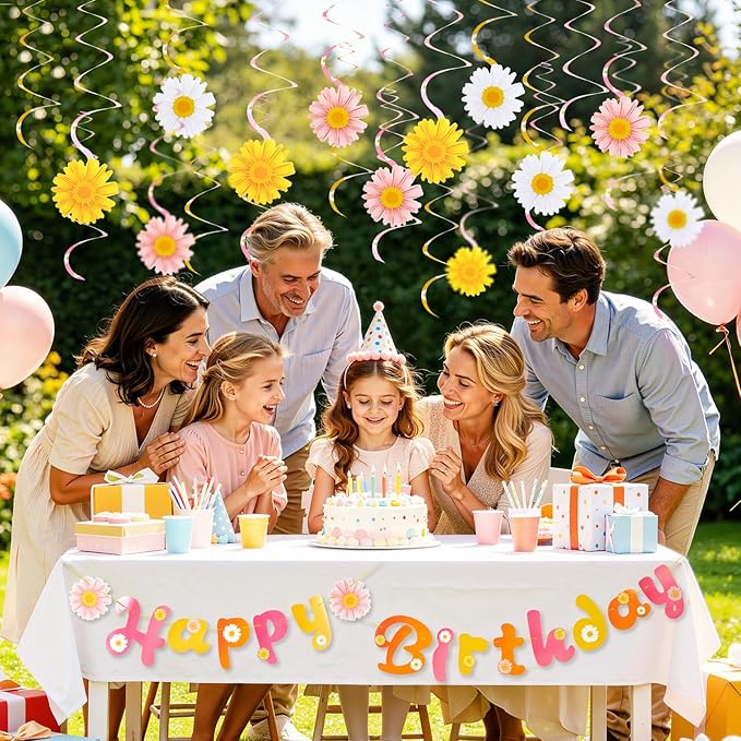 SUNBEAUTY Daisy Groovy Party Decoration Boho Happy Birthday Banner Daisy Paper Hanging Swirls Flower Birthday for Women Birthday Classroom Office Boho Hippie Retro Birthday Baby Shower Party Supplies