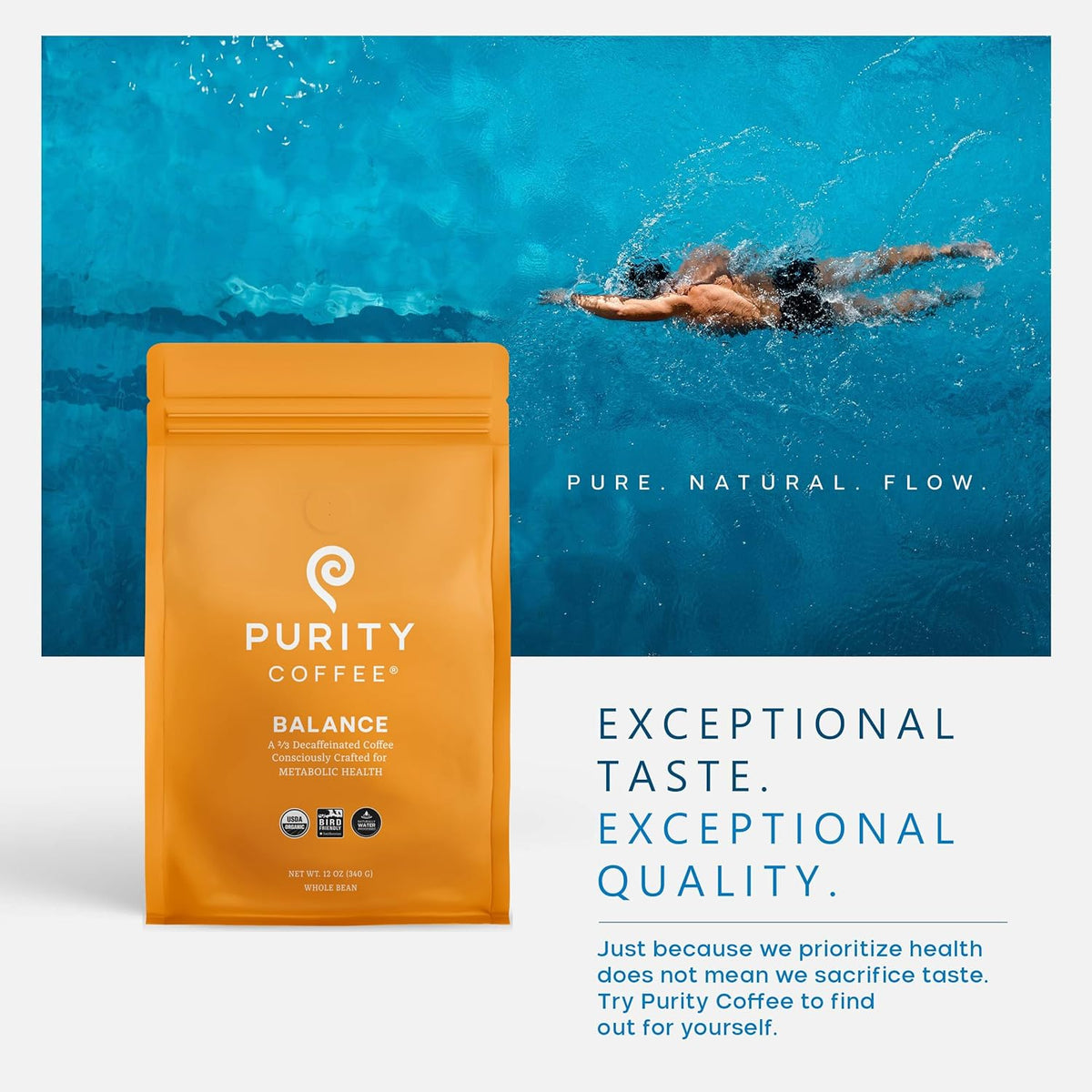 Purity Coffee Balance 2/3 Decaf Medium Roast Ground Coffee (12oz Bag) - Specialty-Grade Mountain Water Processed Decaf + Regular Arabica Blend- USDA