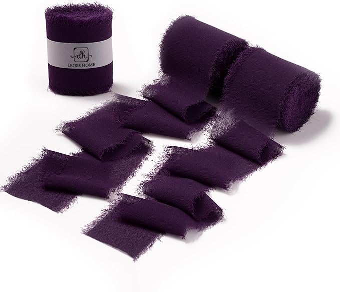 DORIS HOME Plum Chiffon Ribbon for Flower Bouquet, 2" x21Yd Fabric Ribbon for Gift Wrapping, Handmade Frayed Ribbon for Wedding, Chiffon Silk Ribbon for Christmas Decorations
