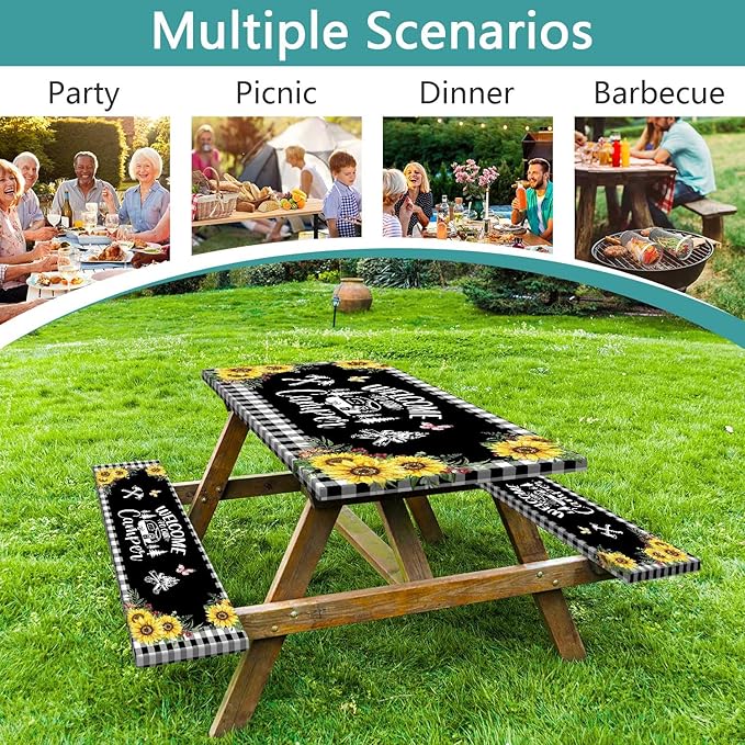 Sunflower Plaid Picnic Table Cover with Bench Covers and Bag, Camping Essentials, Checkered Floral Waterproof Windproof, Fitted Tablecloth Cover with Elastic Edge, Garden & Outdoor, 3 PCS, 30x72 Inch