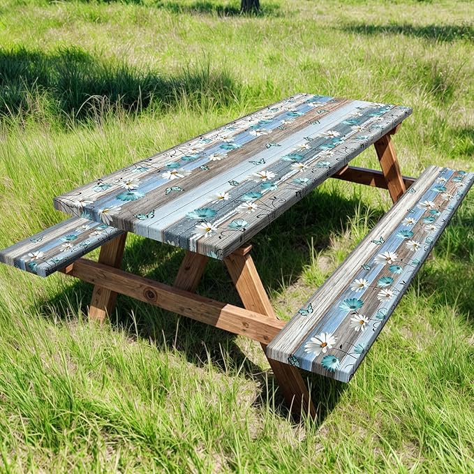 Floral Picnic Table Cover with Bench Covers, Camping Essentials, Wooden Flower Butterfly Waterproof Windproof, Fitted Tablecloth Cover with Elastic Edge, for Indoor, Outdoor, 3 PCS, 30x72 Inch