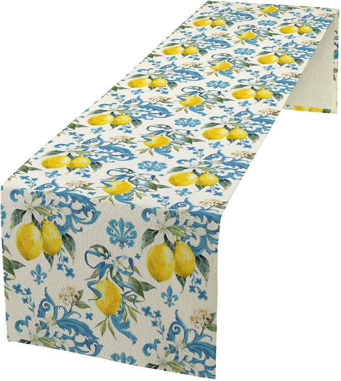 Lemon Flower Table Runner, Summer Fruit Sicilian Style Table Runner for Indoor Outdoor Kitchen Home Party Holiday Dining Table 13x120in