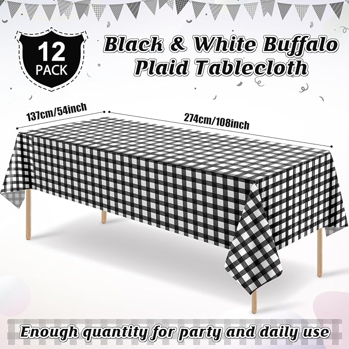 12Pack Black and White Plastic Checkered Tablecloth, Premium Decorative Disposable Black Gingham Plaid Tablecloths for Parties, Rectangle Party Table Cover for Picnic Farm Birthday Wedding, 54x108Inch