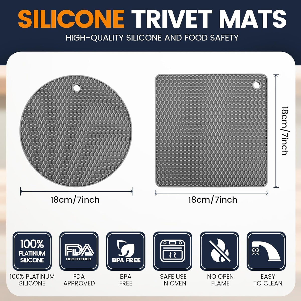 Silicone Trivet Mats 4 Heat Resistant Pot Holders Multipurpose Non-Slip Hot Pads for Kitchen Potholders, Drying mat, Jar Opener, Spoon Holder, Coaster.(Dark Grey)