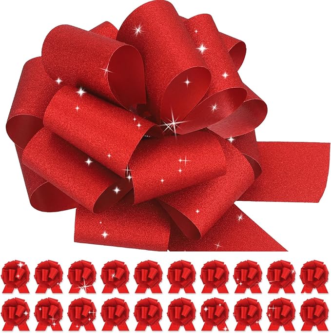 20 pcs Red Pull Bow for Gift Basket Wrapping Xmas Gift Bows Presents Adhesive Wrap Ribbon Bow for Christmas Tree Ornament Wine Bottles Bouquet Flower Valentine's Day Party Decor (Red-L)