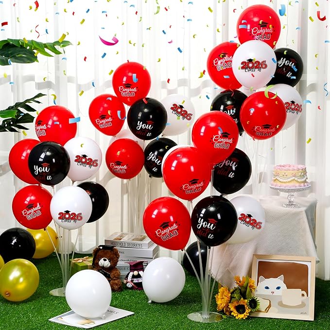 4 Set Graduation Party Balloon Stand Kits for Table Centerpieces Balloon Tables Holders with Congrats 2026 Graduation Party Decorations for School College Photo Props(Red)