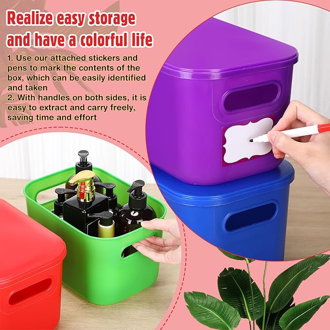 Thyle 24 Pack Vibrant Colorful Plastic Storage Bins with Lids 7 Quart Toy Storage Box Stackable Nestable Organizer Boxes with Handle and Labels for Classroom Shelf Bedroom Desktop Toys School Supplies