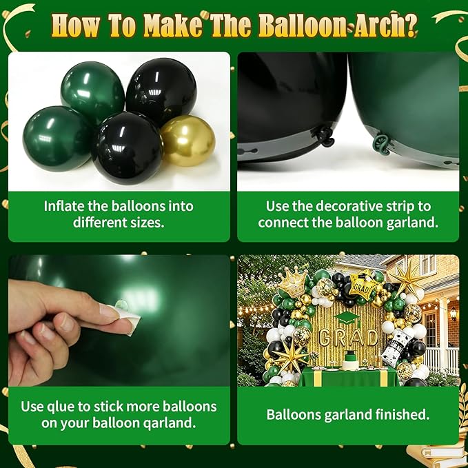 Graduation Balloon Arch Garland Kit Green Gold Black White Graduation Decorations 2026 for College High School Class of 2026 Grad Party Prom Decor