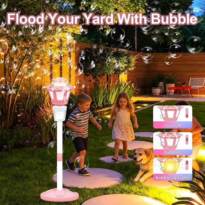Bubble Machine for Kids Outdoor, 40" Adjustable Height Automatic Bubble Blower with Light & Rechargeable Battery, Bubble Maker Toy for Toddlers Party Birthday (Includes 3 Solution), Pink