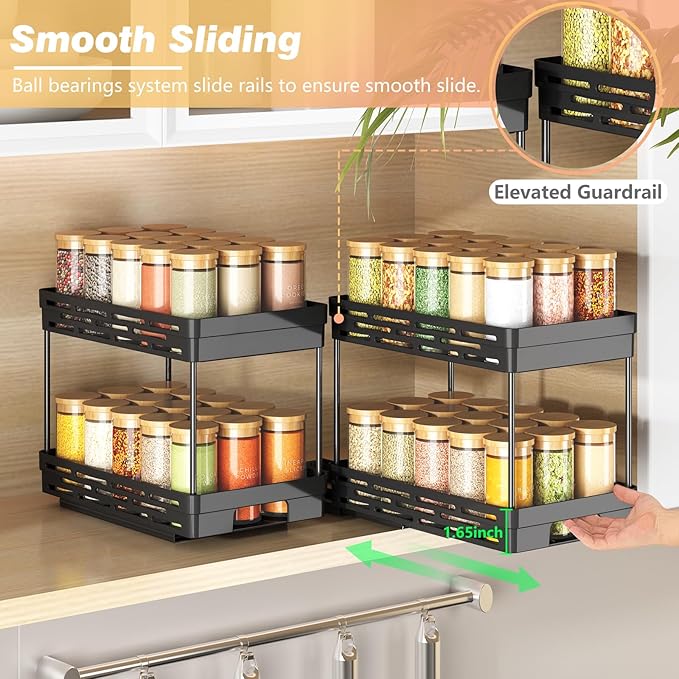Pull Out Spice Rack Organizer for Cabinet, 2 Pack Widen Slide Out Spice Racks Organizer, Spice Cabinet Organizers, Cabinet Size Need:12'' Highx11'' Deepx6.75'' Wide,Hold 15 Spice Jar Each Tier-2Tier