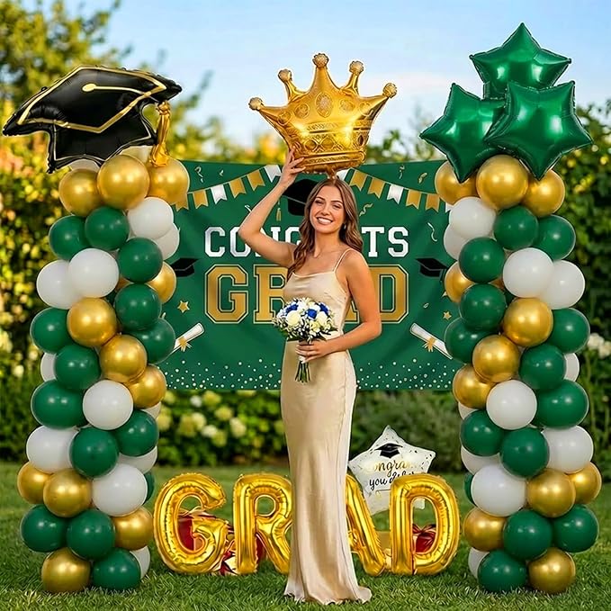 Green White Gold Balloon Garland Arch Kit with backdrop Stars Graduation Cap crown GRAD Letters Mylar Balloons for 2026 graduate Prom Decorations