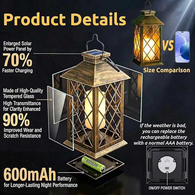 Solar Lanterns Outdoor Waterproof, 2 Pack 9" Glass Hanging Solar Lights with Flickering Flameless Candle, Outdoor Lanterns for Patio Wall Porch Table Garden Yard, Gift for Women Mom - Bronze