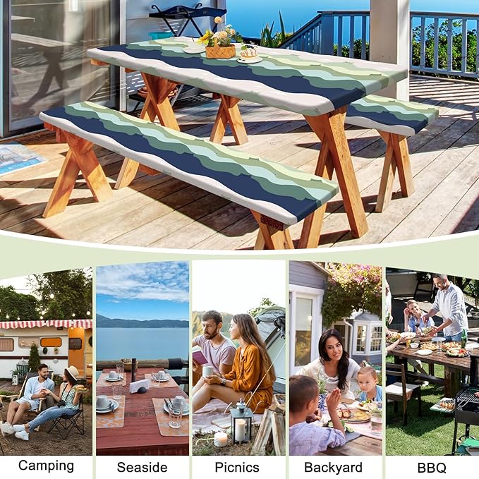 Picnic Table Cover with Bench Covers Portable Table Cloth Built-in Storage Pocket Fitted Tablecloth with Elastic Edges Waterproof Camping Essentials for Indoor Outdoor Rv,96in,Green Cat