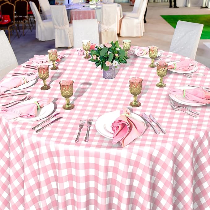 12 Pack Pink Gingham Tablecloth Round, Premium Decorative Disposable Pink and White Checkered Plaid Table Cloths for Parties, Round Party Table Cover for Picnic Farm Birthday Wedding Festivals, 84Inch