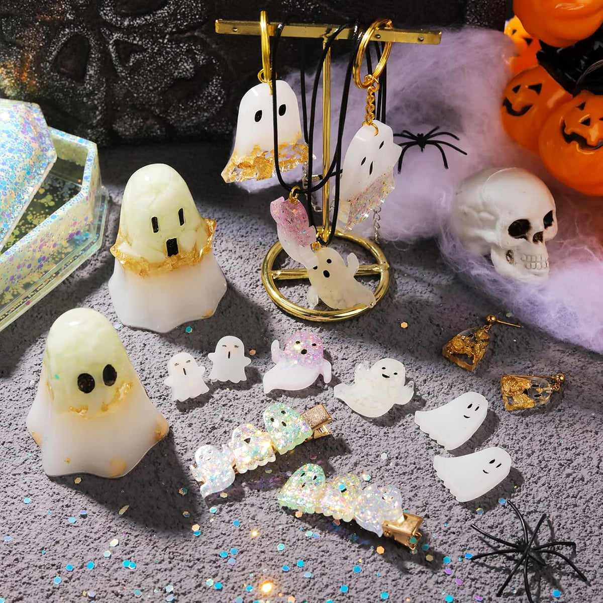 LET'S Resin Ghost Shape Resin Earring Molds, Silicone Molds for Epoxy Resin with Earring Accessories, Jump Rings, Epoxy Resin Molds for DIY Keychain