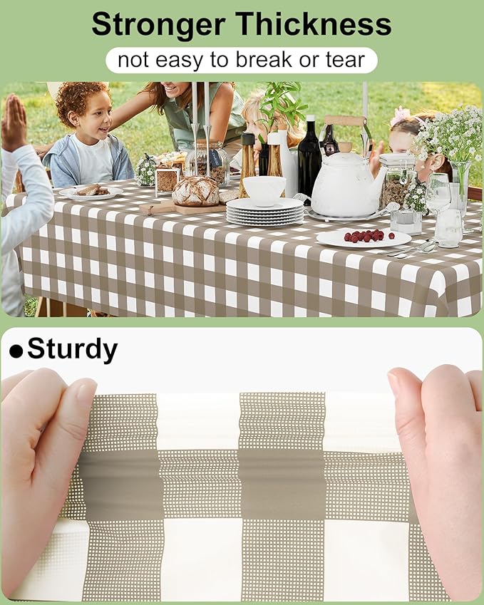 Smiry 12 Packs Gingham Disposable Table Cloth, 54 x 108 Inch Waterproof Plastic Tablecloth, Rectangle Khaki and White Checkered Table Covers for Outdoor, Birthday, Party