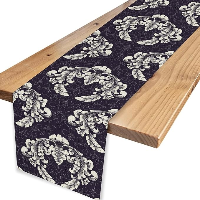 Gothic Table Runner, Antique Retro Damask Floral Bohemian Boho Purple Rustic Vintage Coffee Table Center Decor for Kitchen and Dining Outdoor Home Country Party Table Decorations, 13"x90"