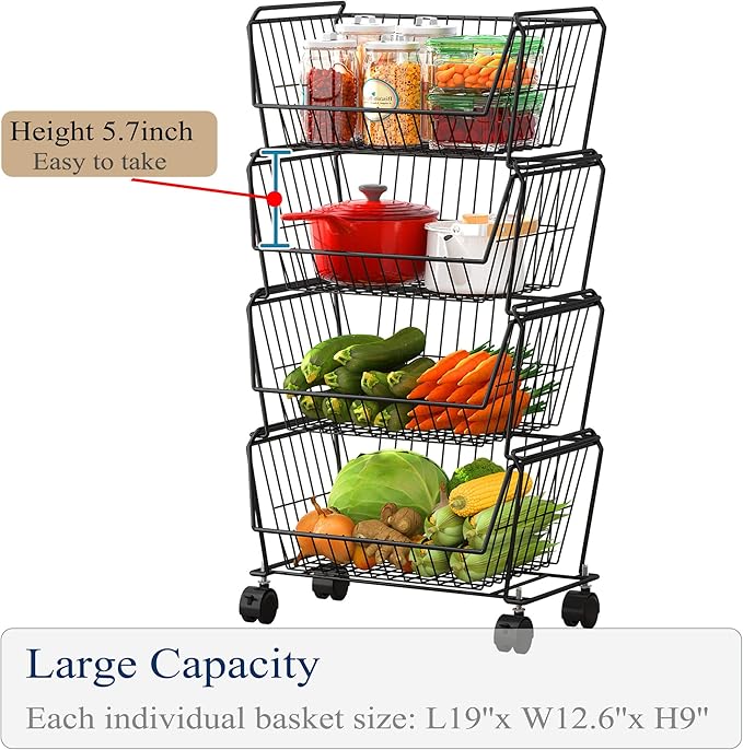 PUSDON 4-Tier Large Stackable Wire Storage Baskets with Wheels, Metal Rolling Utility Cart Organizer, Produce Basket for Kitchen Pantry, Floor Shelf, Matte Black