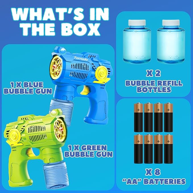 2-Pack Bubble Gun Set with Batteries – Automatic Bubble Blower Toys for Kids & Toddlers | 1 Blue + 1 Green Bubble Shooter with Solution Included | Outdoor Fun & Ready to Play
