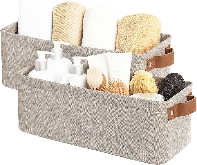StorageWorks Narrow Storage Bins, Small Basket for Closet and Shelves, Fabric Organizer with Handles, Toilet Paper Storage, Brown and Beige, 2-Pack