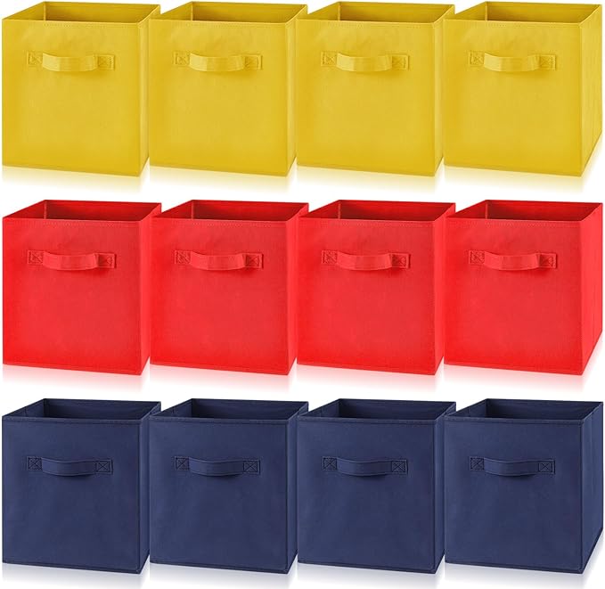 Yinder 12 Pcs Cube Storage Bin 10.5''x10.5''x11'' Storage Bins for Playroom Decor Colorful Bins for Kids Foldable Baskets for Nursery Organizer Boxes Fabric Boxes(Navy Blue, Red, Yellow)