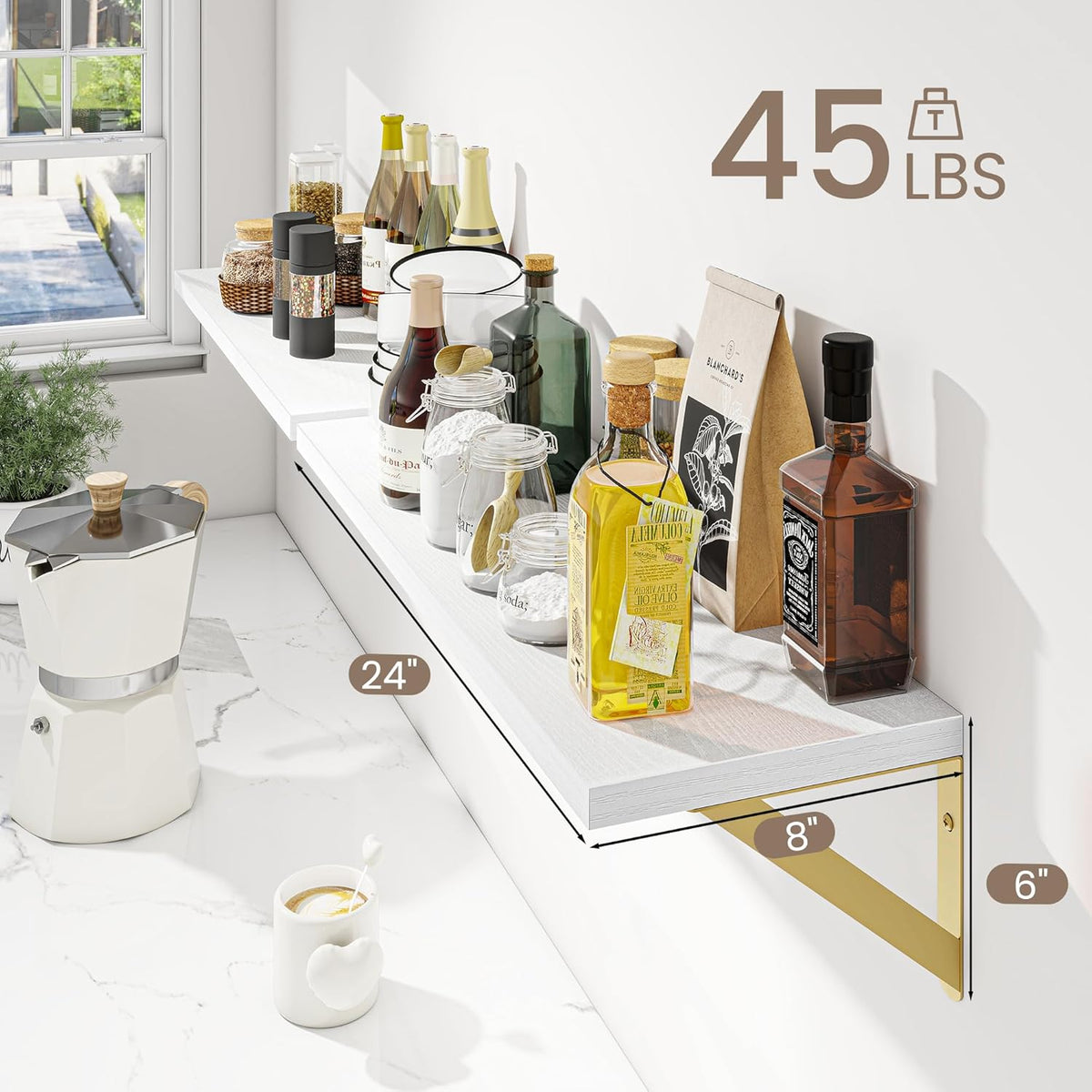 Deep Floating Shelves for Wall, 24W x 8D Wall Mounted Shelves Set of 2, Wide Display Ledge Shelf with Sturdy Metal Brackets for Living Room, Bathroom