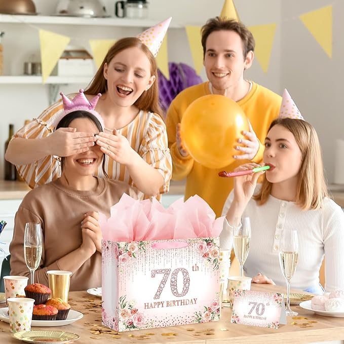 Laidans Large Pink 70th Happy Birthday Gift Bag with Tissue Paper and Card for Women Party (Rose Gold) (70th)