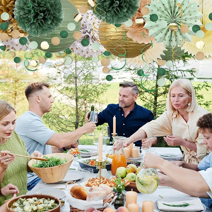 20PCS Sage Green Party Decoration,Green Paper Lanterns Fans,Pom Poms Flowers,Hanging Party Garland for Women Girls Boys Adults Birthday Party,Wedding,Baby Shower,Bridal Shower Party Decor